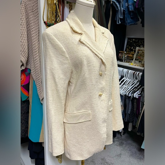ZARA WOMEN NEW 100% Cotton Tweed Textured BLAZER w/ Pockets OYSTER WHITE Size L - Picture 5 of 12